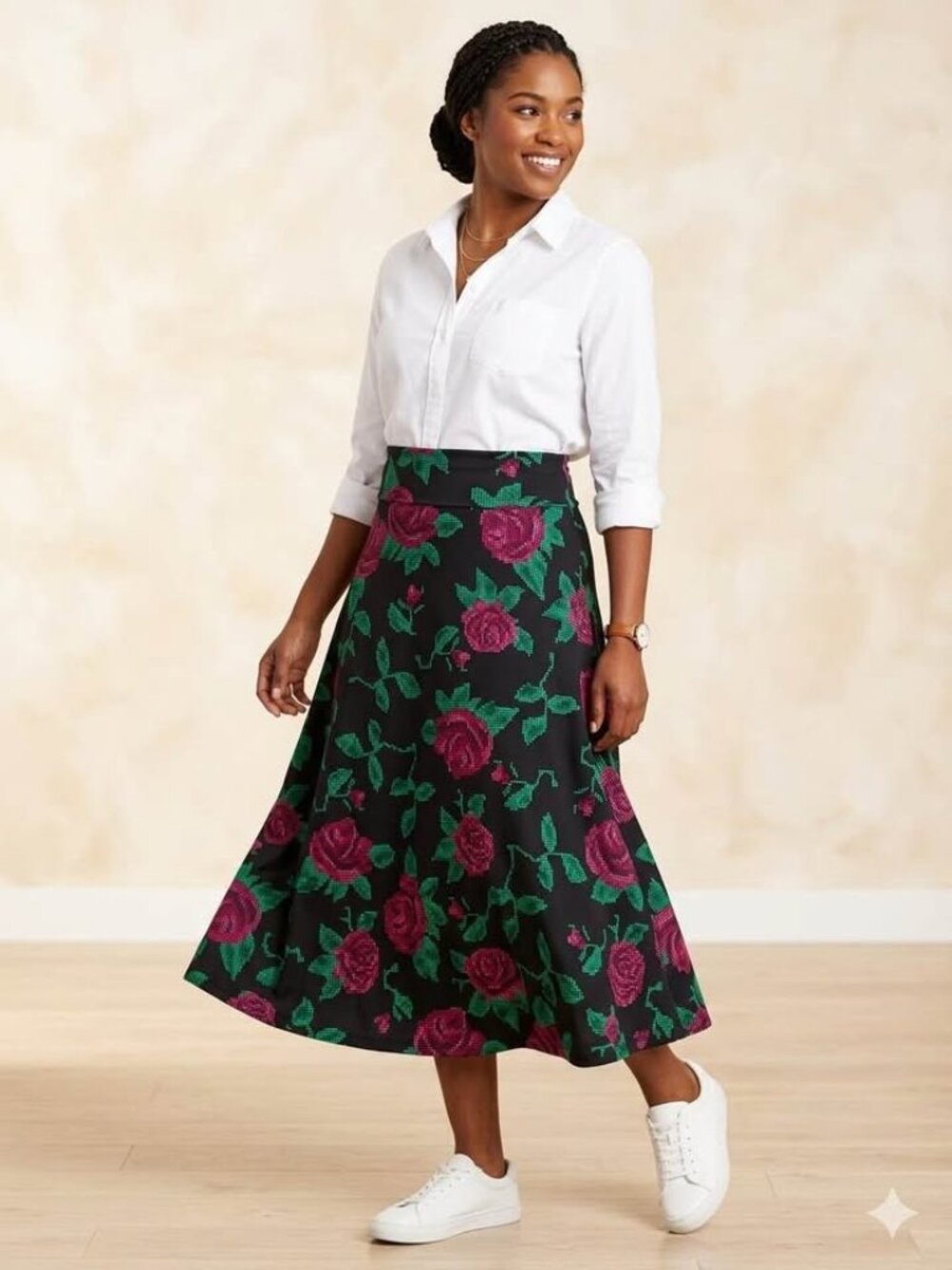 LuLaRoe Maxi Skirt Women’s Size XS Black Pink Green Pixelated Cross-Stitch Rose